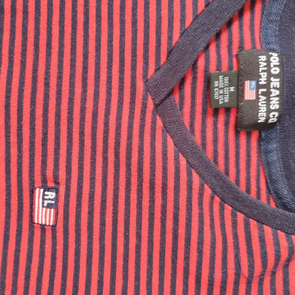 Polo Jean Co Ralph Lauren Red Navy Blue V Neck T-shirt Stripped - Picture 2 of 7